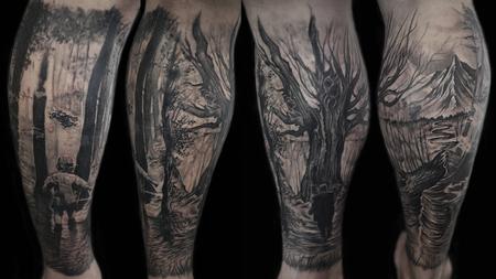 Caleb Morgan - forest scene and memorial tattoo
